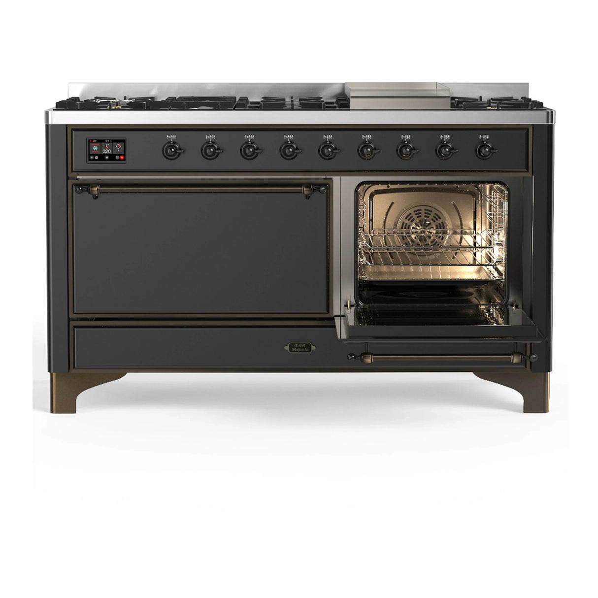 ILVE Majestic III 60-inch Dual Fuel Range with 5 Liquid Propane Burner, Griddle and Solid Door Electric Oven in Graphite Matte with Burnished Trim (UM60FQNR3MGBLP)