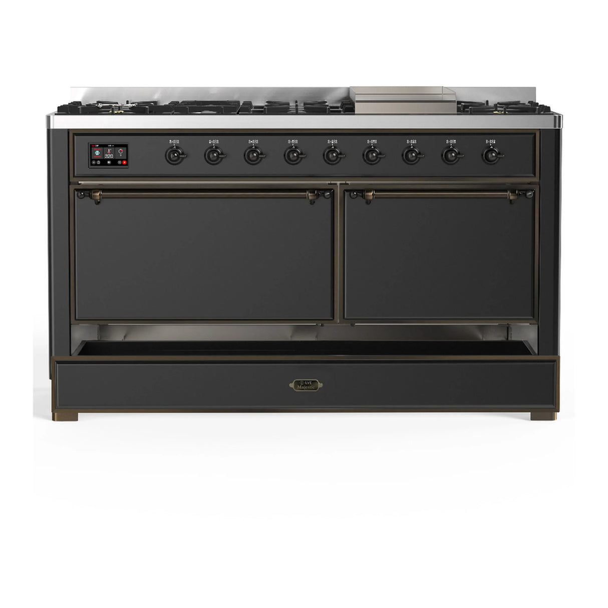 ILVE Majestic III 60-inch Dual Fuel Range with 5 Liquid Propane Burner, Griddle and Solid Door Electric Oven in Graphite Matte with Burnished Trim (UM60FQNR3MGBLP)
