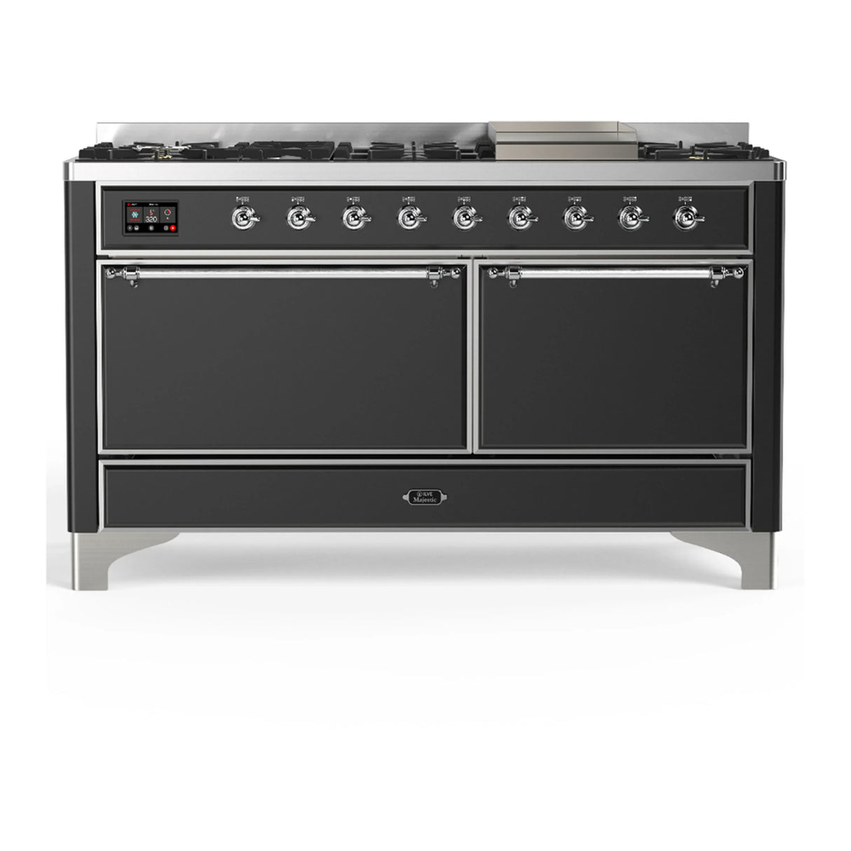 ILVE Majestic III 60-inch Dual Fuel Range with 5 Liquid Propane Burner, Griddle and Solid Door Electric Oven in Graphite Matte with Chrome Trim (UM60FQNR3MGCLP)