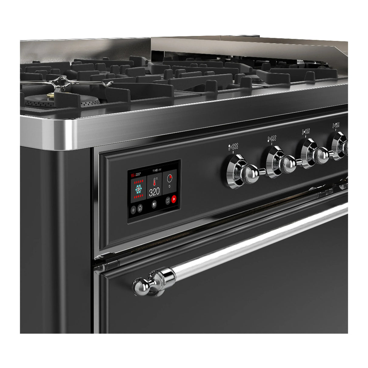 ILVE Majestic III 60-inch Dual Fuel Range with 5 Liquid Propane Burner, Griddle and Solid Door Electric Oven in Graphite Matte with Chrome Trim (UM60FQNR3MGCLP)