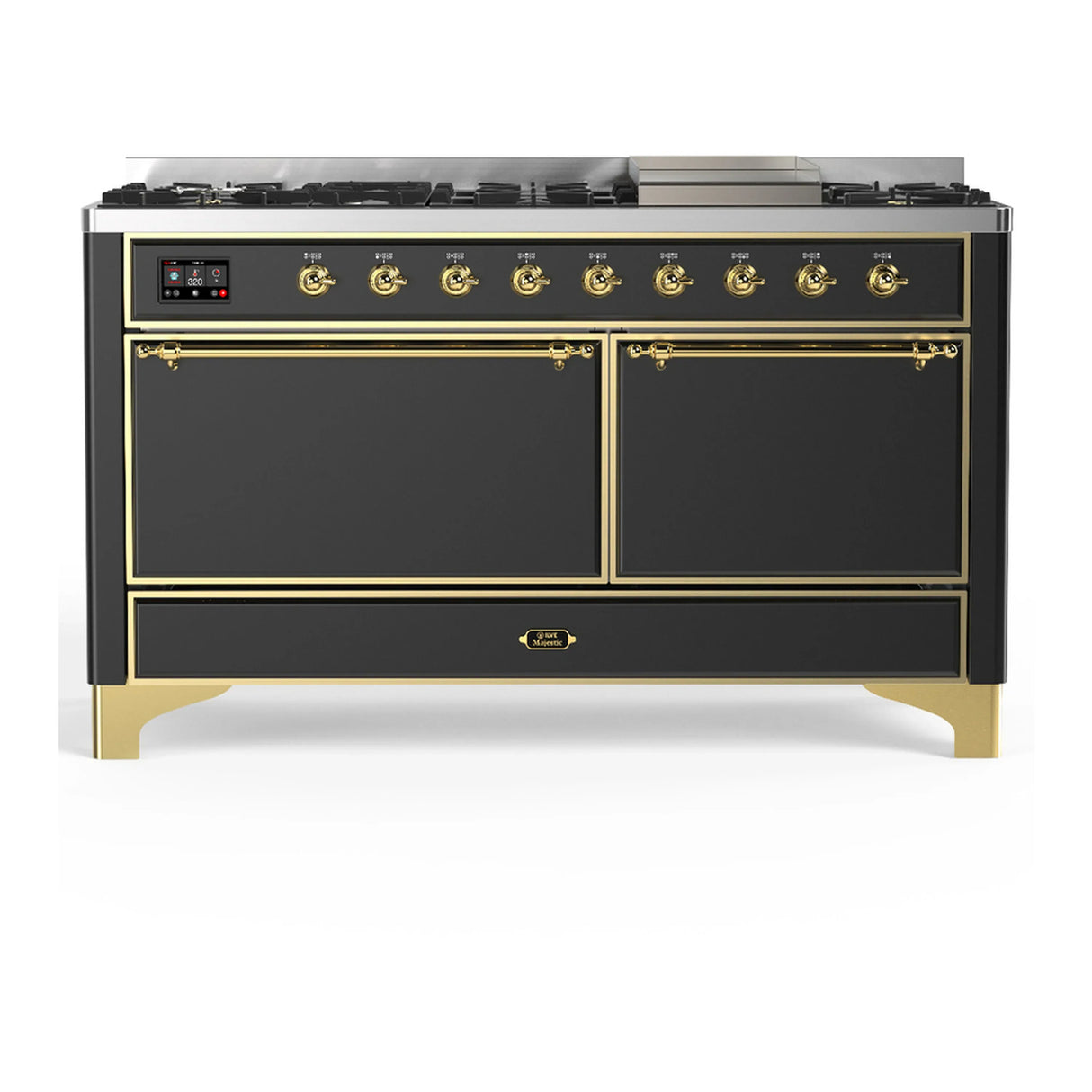 ILVE Majestic III 60-inch Dual Fuel Range with 7 Natural Gas Burner, Griddle and Solid Door Electric Oven in Graphite Matte with Brass Trim (UM60FQNR3MGG)