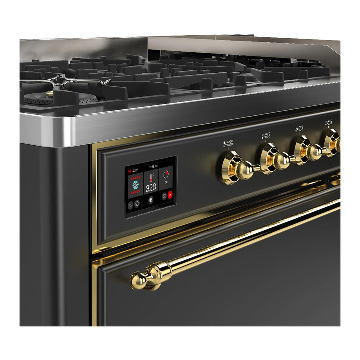 ILVE Majestic III 60-inch Dual Fuel Range with 7 Natural Gas Burner, Griddle and Solid Door Electric Oven in Graphite Matte with Brass Trim (UM60FQNR3MGG)