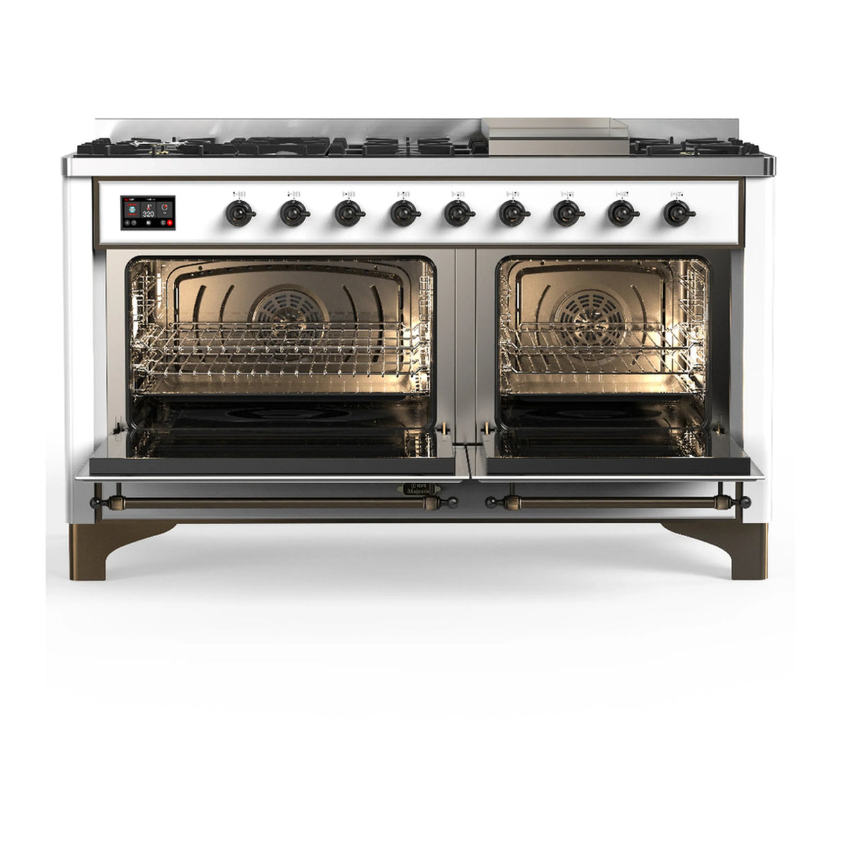 ILVE Majestic III 60-inch Dual Fuel Range with 7 Natural Gas Burner, Griddle and Solid Door Electric Oven in White with Burnished Trim (UM60FQNR3WHB)