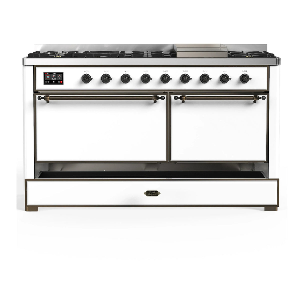 ILVE Majestic III 60-inch Dual Fuel Range with 7 Natural Gas Burner, Griddle and Solid Door Electric Oven in White with Burnished Trim (UM60FQNR3WHB)