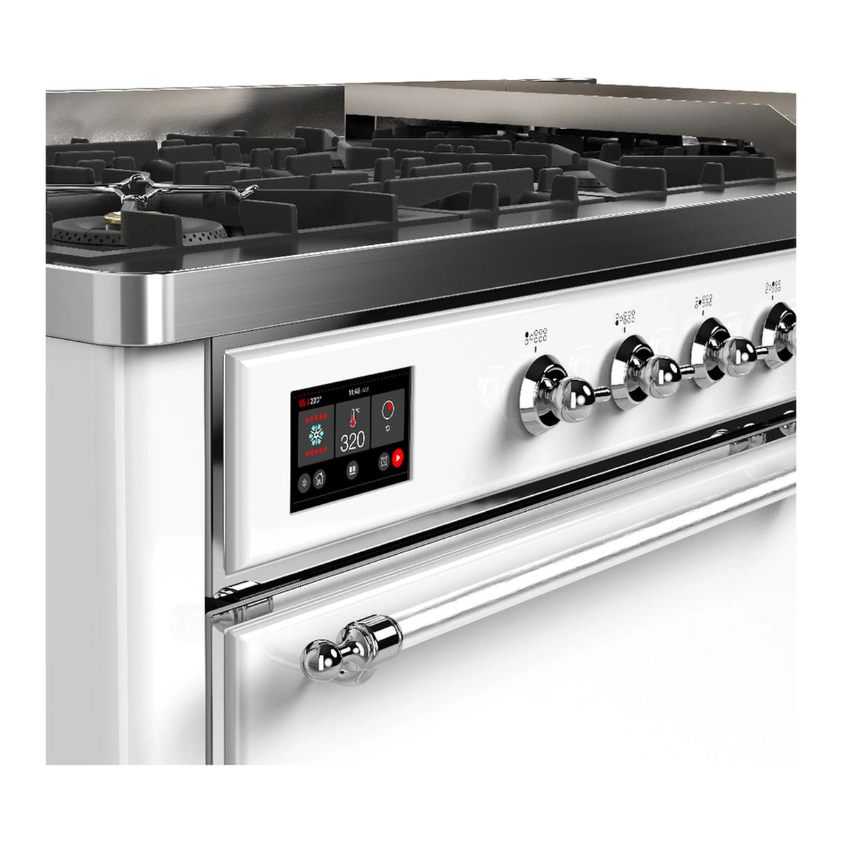 ILVE Majestic III 60-inch Dual Fuel Range with 7 Natural Gas Burner, Griddle and Solid Door Electric Oven in White with Chrome Trim (UM60FQNR3WHC)