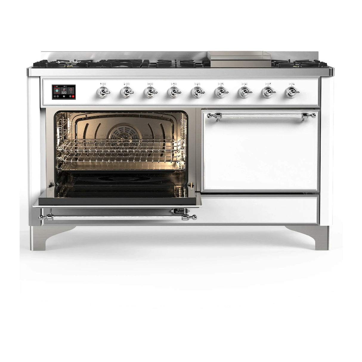 ILVE Majestic III 60-inch Dual Fuel Range with 7 Natural Gas Burner, Griddle and Solid Door Electric Oven in White with Chrome Trim (UM60FQNR3WHC)