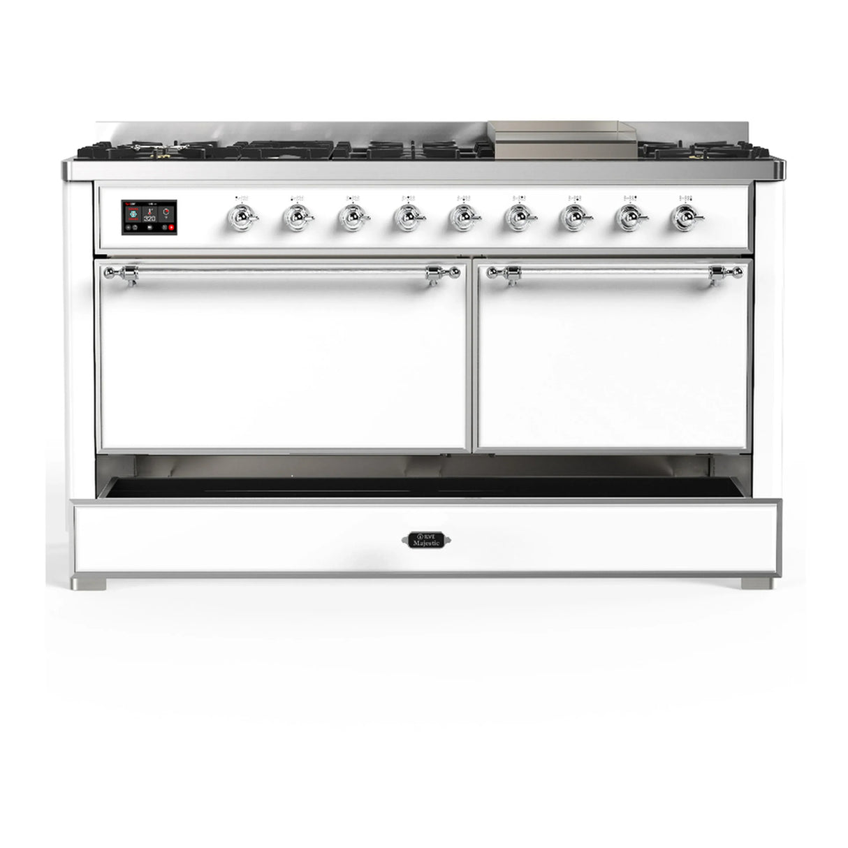 ILVE Majestic III 60-inch Dual Fuel Range with 7 Natural Gas Burner, Griddle and Solid Door Electric Oven in White with Chrome Trim (UM60FQNR3WHC)