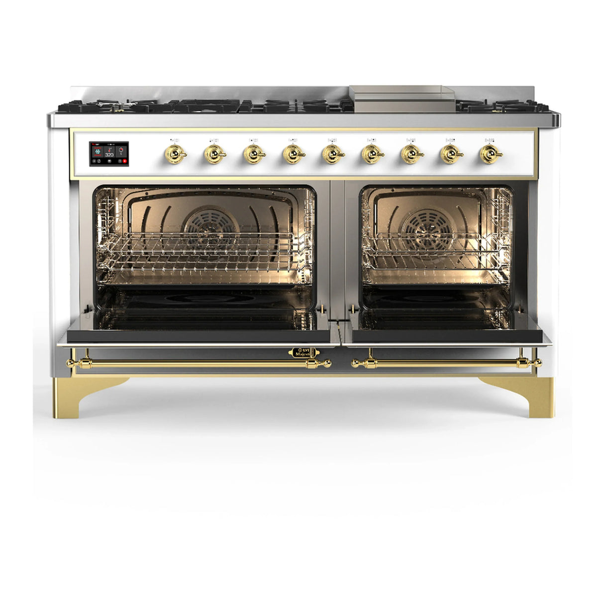 ILVE Majestic III 60-inch Dual Fuel Range with 5 Liquid Propane Burner, Griddle and Solid Door Electric Oven in White with Brass Trim (UM60FQNR3WHGLP)