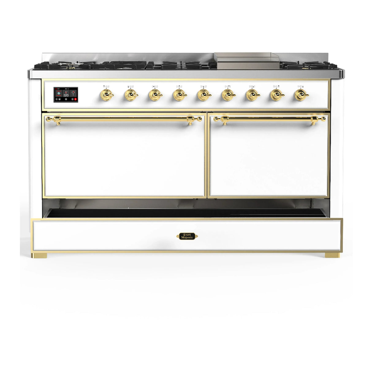 ILVE Majestic III 60-inch Dual Fuel Range with 5 Liquid Propane Burner, Griddle and Solid Door Electric Oven in White with Brass Trim (UM60FQNR3WHGLP)