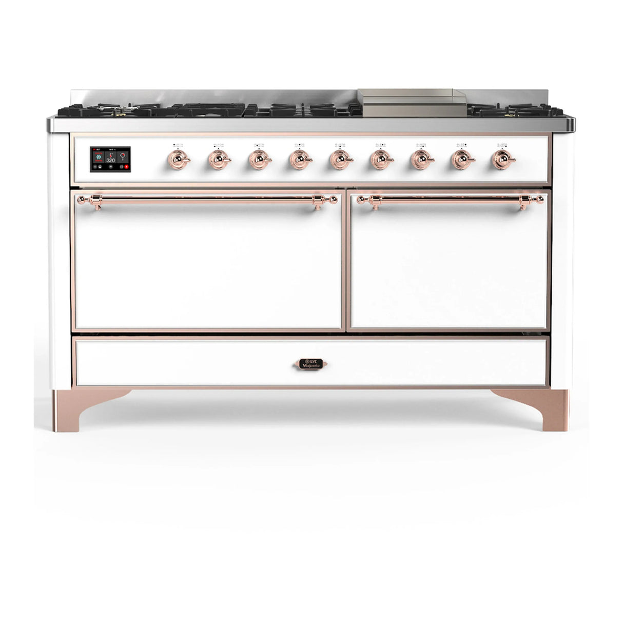 ILVE Majestic III 60-inch Dual Fuel Range with 7 Natural Gas Burner, Griddle and Solid Door Electric Oven in White with Copper Trim (UM60FQNR3WHP)