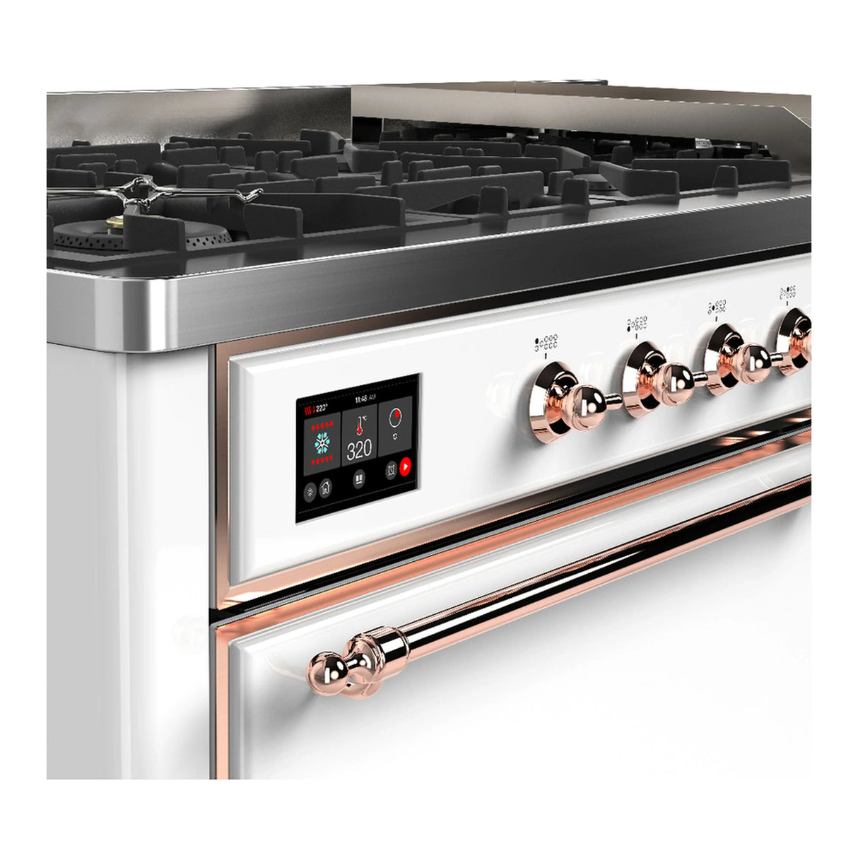 ILVE Majestic III 60-inch Dual Fuel Range with 7 Natural Gas Burner, Griddle and Solid Door Electric Oven in White with Copper Trim (UM60FQNR3WHP)