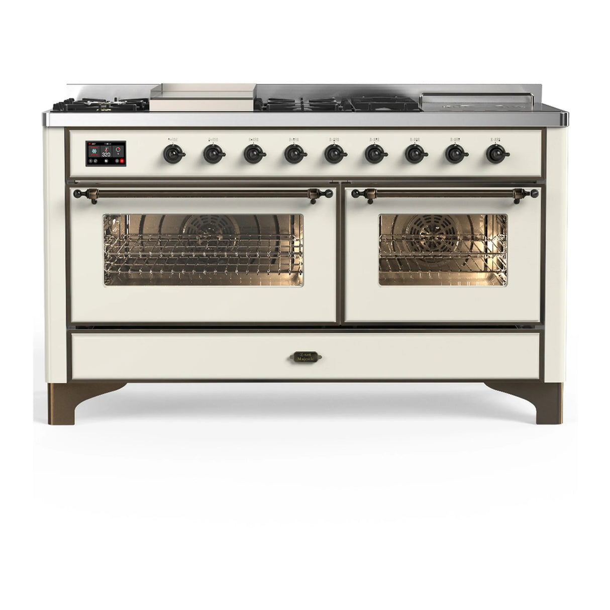 ILVE Majestic III 60-inch Dual Fuel Range with 5 Liquid Propane Burner, Griddle, French Top and Triple Glass Door Electric Oven in Antique White with Burnished Trim (UM60FSNR3AWBLP)