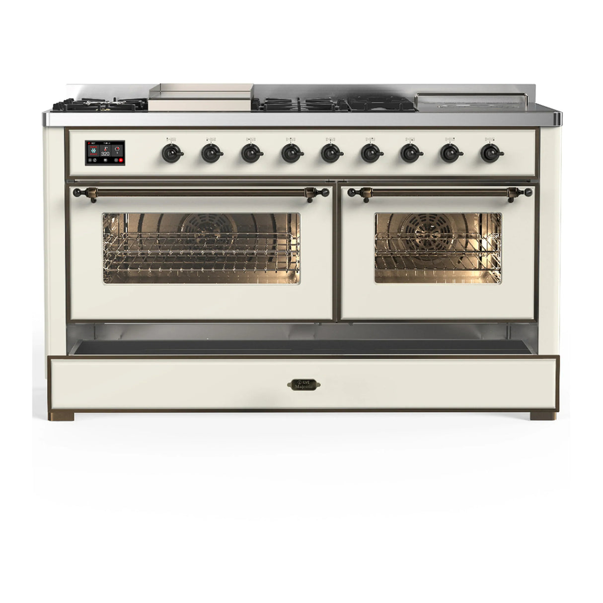 ILVE Majestic III 60-inch Dual Fuel Range with 5 Liquid Propane Burner, Griddle, French Top and Triple Glass Door Electric Oven in Antique White with Burnished Trim (UM60FSNR3AWBLP)