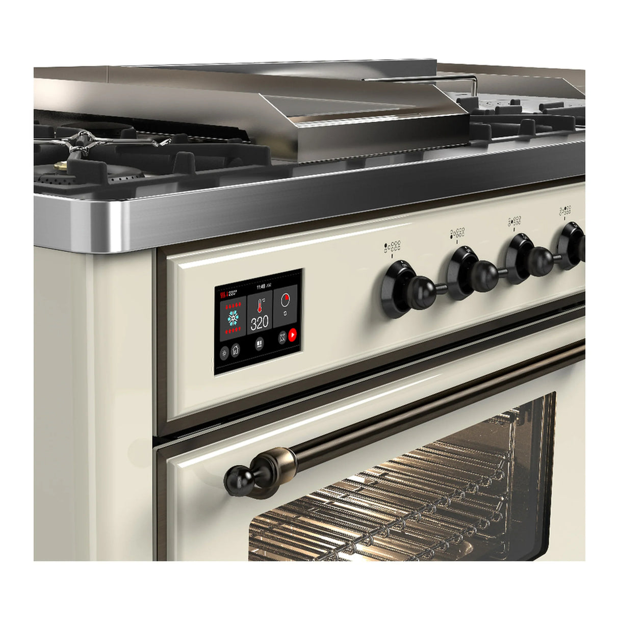 ILVE Majestic III 60-inch Dual Fuel Range with 5 Liquid Propane Burner, Griddle, French Top and Triple Glass Door Electric Oven in Antique White with Burnished Trim (UM60FSNR3AWBLP)