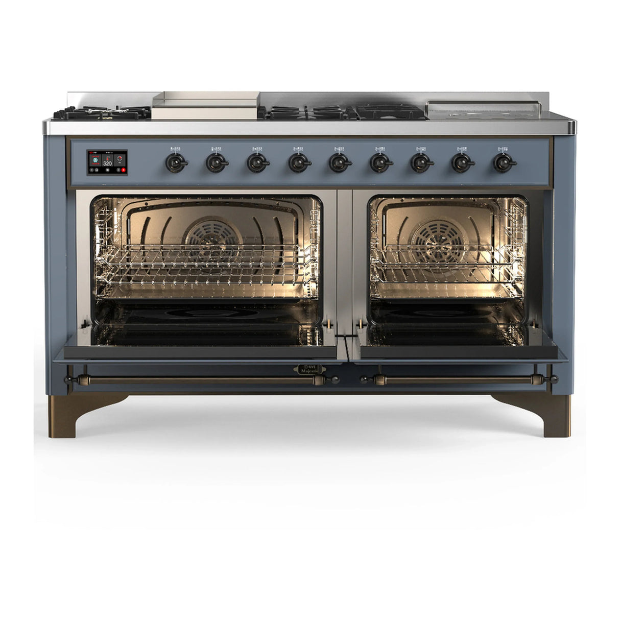 ILVE Majestic III 60-inch Dual Fuel Range with 7 Natural Gas Burner, Griddle, French Top and Triple Glass Door Electric Oven in Blue Grey with Burnished Trim (UM60FSNR3BGB)