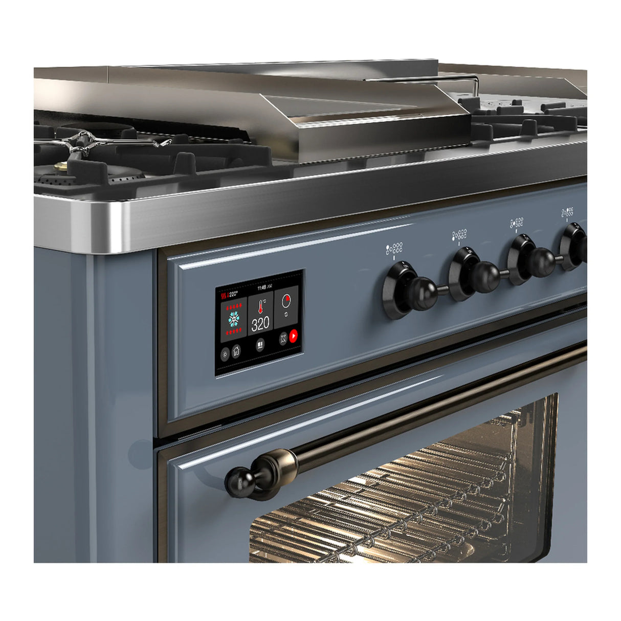 ILVE Majestic III 60-inch Dual Fuel Range with 7 Natural Gas Burner, Griddle, French Top and Triple Glass Door Electric Oven in Blue Grey with Burnished Trim (UM60FSNR3BGB)