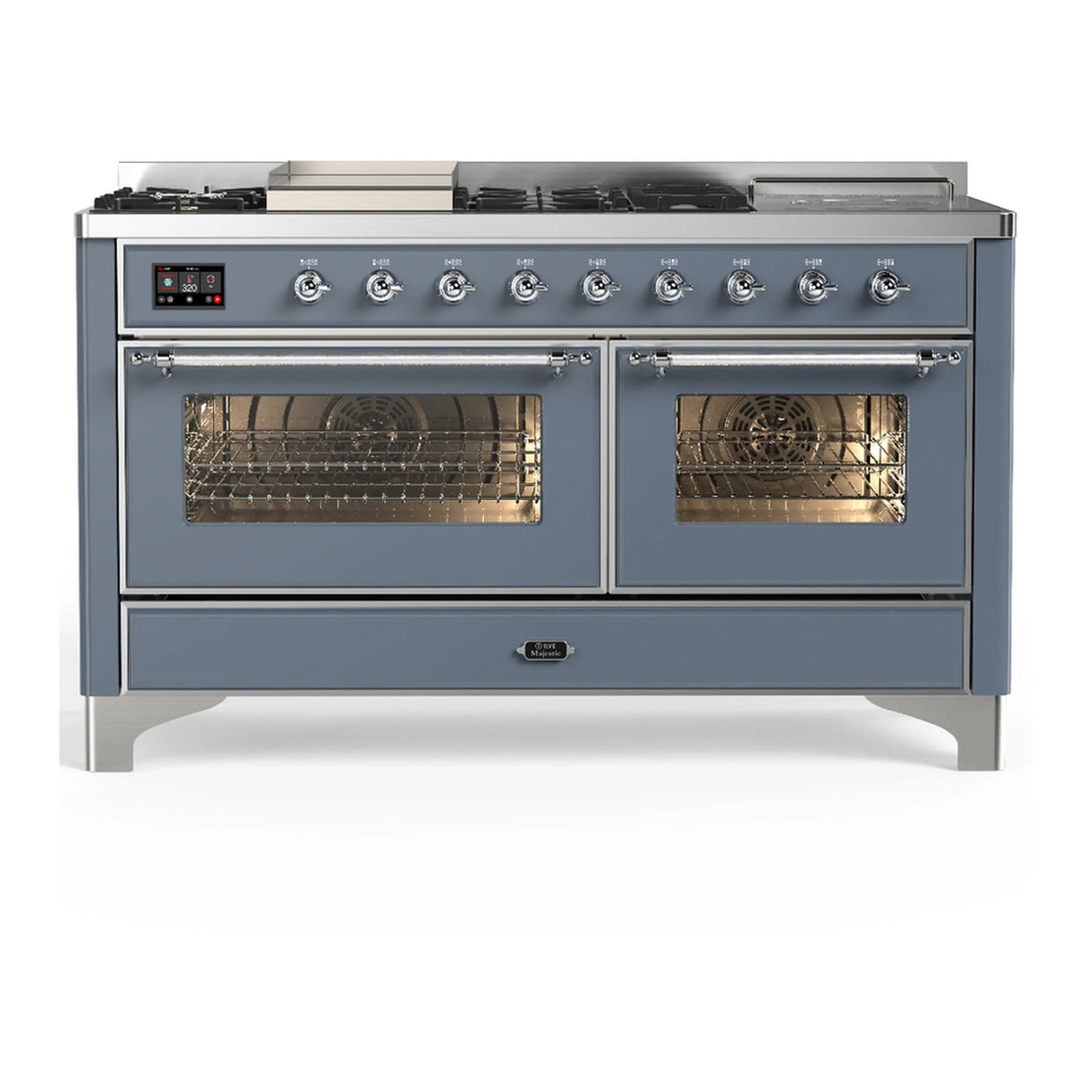 ILVE Majestic III 60-inch Dual Fuel Range with 5 Liquid Propane Burner, Griddle, French Top and Triple Glass Door Electric Oven in Blue Grey with Chrome Trim (UM60FSNR3BGCLP)
