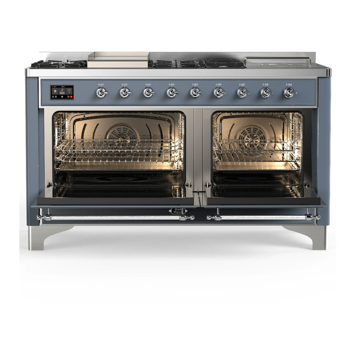 ILVE Majestic III 60-inch Dual Fuel Range with 5 Liquid Propane Burner, Griddle, French Top and Triple Glass Door Electric Oven in Blue Grey with Chrome Trim (UM60FSNR3BGCLP)