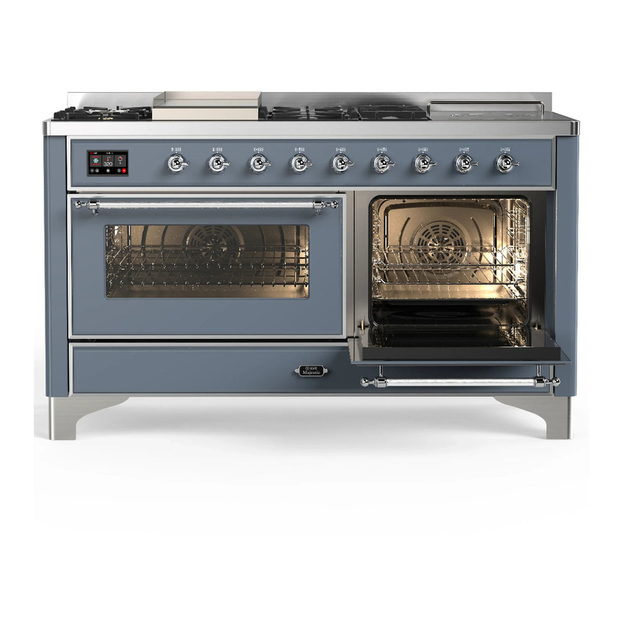 ILVE Majestic III 60-inch Dual Fuel Range with 5 Liquid Propane Burner, Griddle, French Top and Triple Glass Door Electric Oven in Blue Grey with Chrome Trim (UM60FSNR3BGCLP)