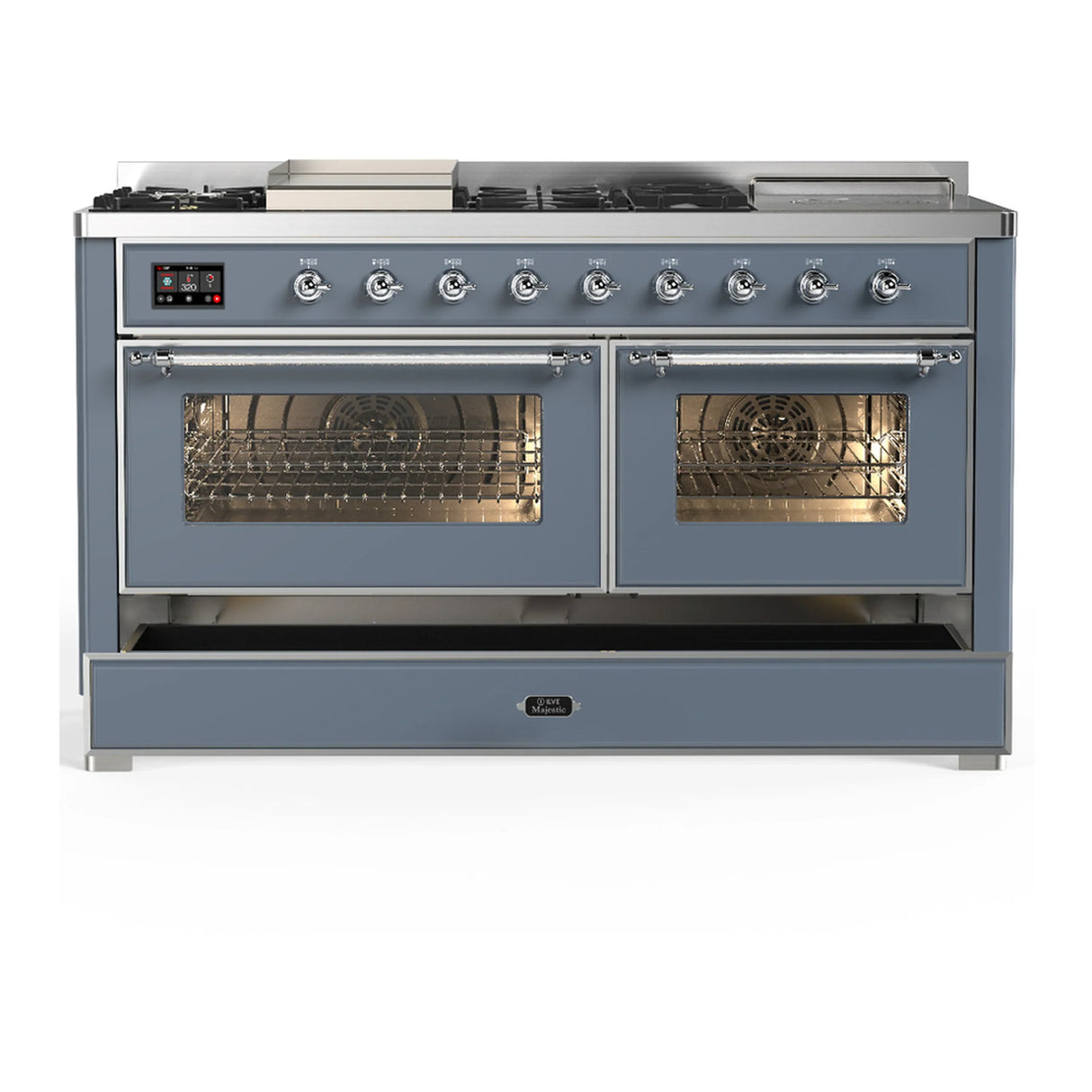 ILVE Majestic III 60-inch Dual Fuel Range with 7 Natural Gas Burner, Griddle, French Top and Triple Glass Door Electric Oven in Blue Grey with Chrome Trim (UM60FSNR3BGC)