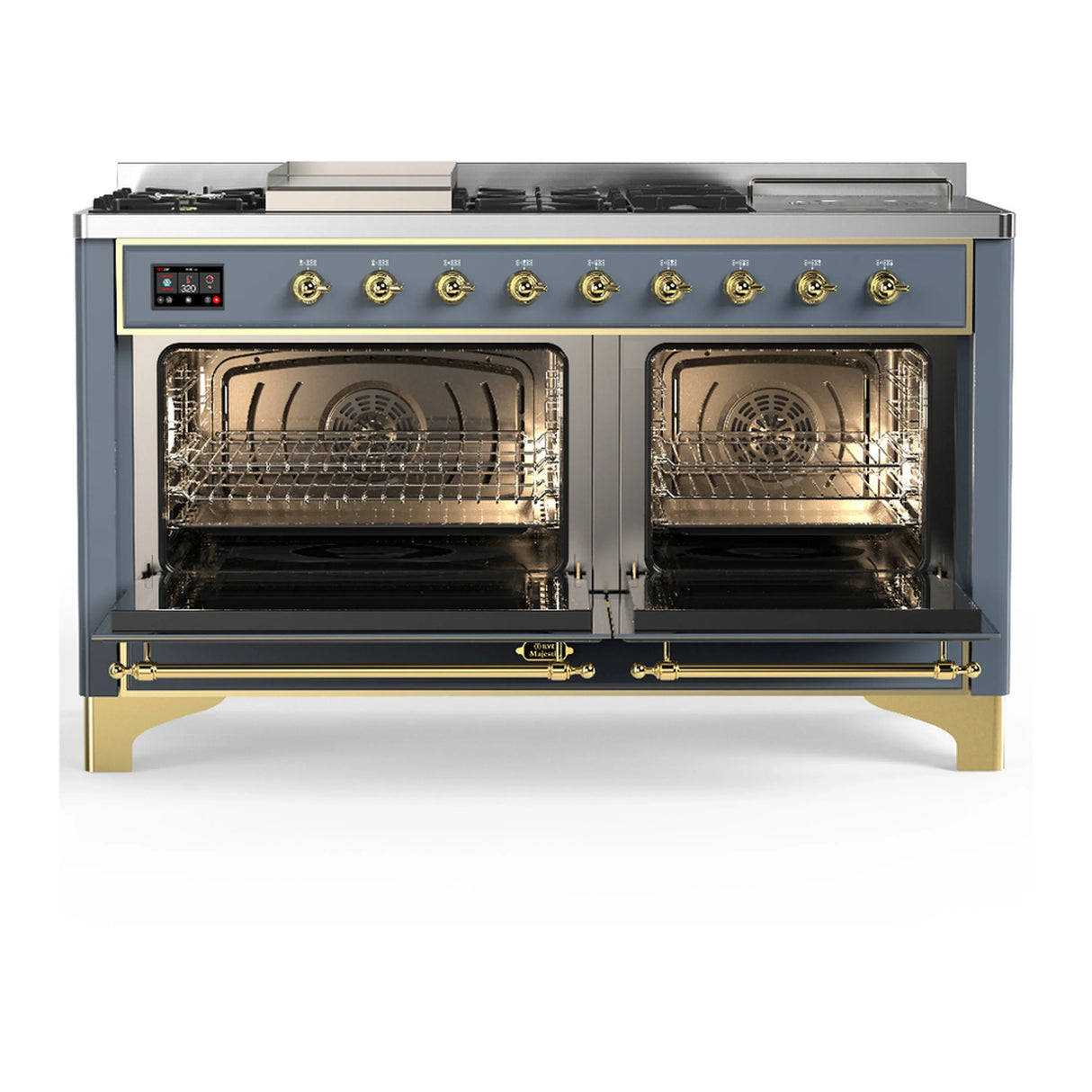 ILVE Majestic III 60-inch Dual Fuel Range with 7 Natural Gas Burner, Griddle, French Top and Triple Glass Door Electric Oven in Blue Grey with Brass Trim (UM60FSNR3BGG)