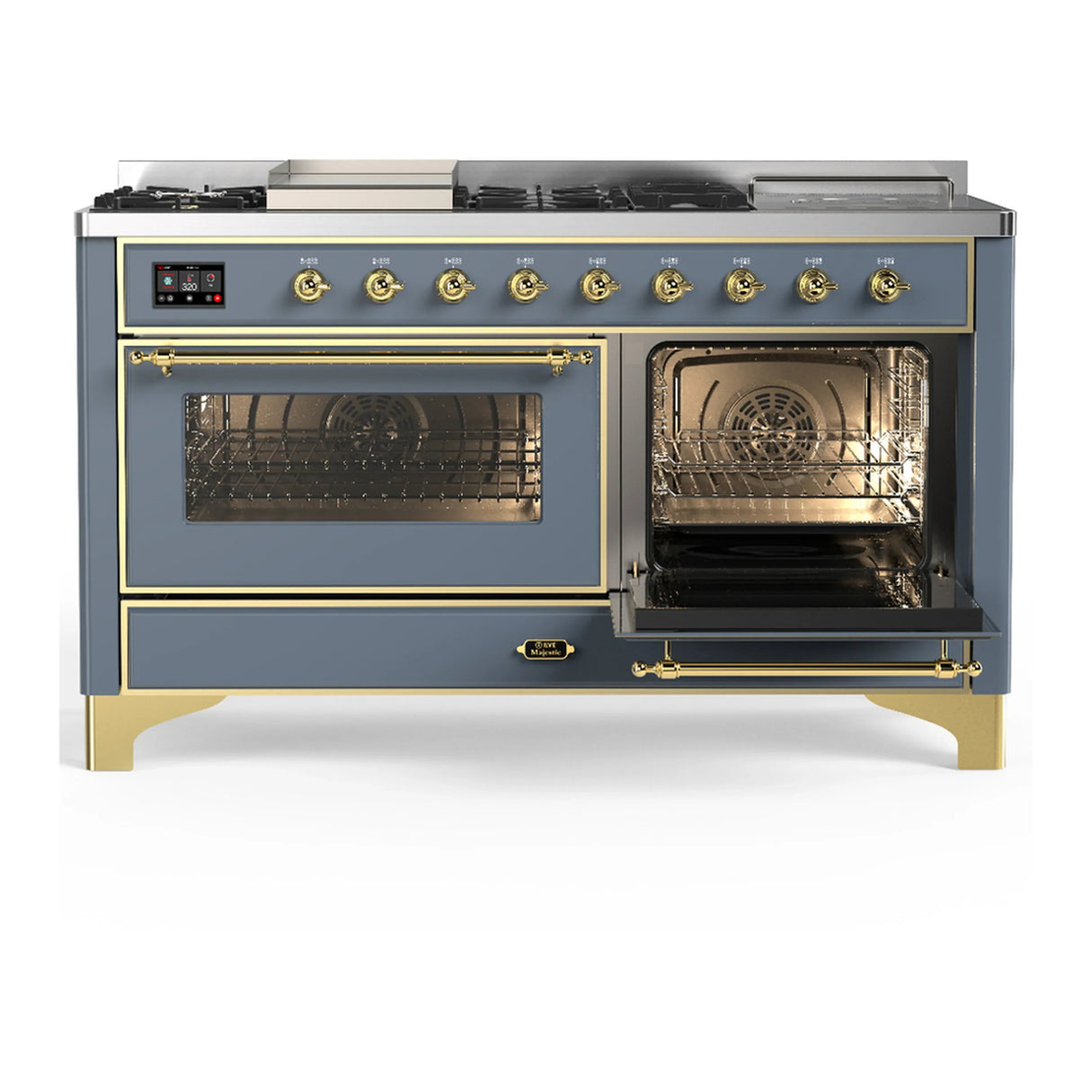 ILVE Majestic III 60-inch Dual Fuel Range with 7 Natural Gas Burner, Griddle, French Top and Triple Glass Door Electric Oven in Blue Grey with Brass Trim (UM60FSNR3BGG)