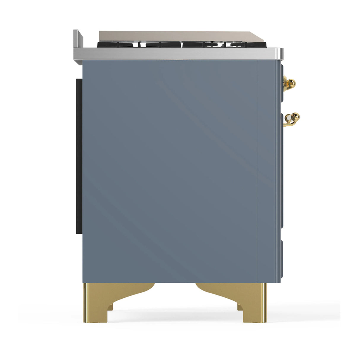 ILVE Majestic III 60-inch Dual Fuel Range with 7 Natural Gas Burner, Griddle, French Top and Triple Glass Door Electric Oven in Blue Grey with Brass Trim (UM60FSNR3BGG)