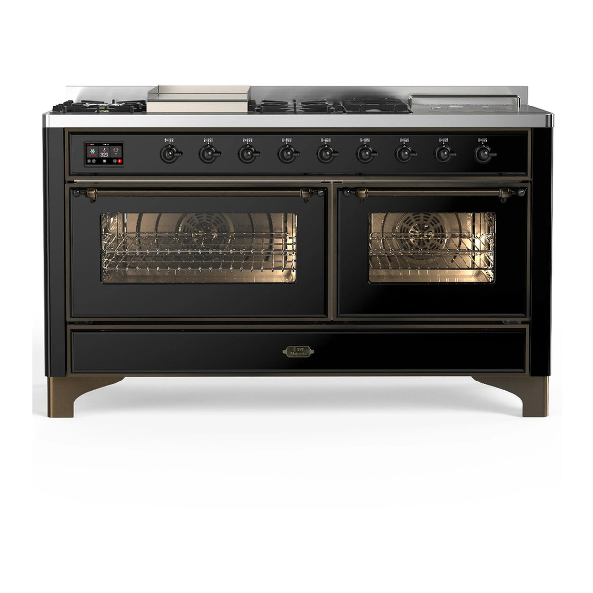 ILVE Majestic III 60-inch Dual Fuel Range with 7 Natural Gas Burner, Griddle, French Top and Triple Glass Door Electric Oven in Glossy Black with Burnished Trim (UM60FSNR3BKB)
