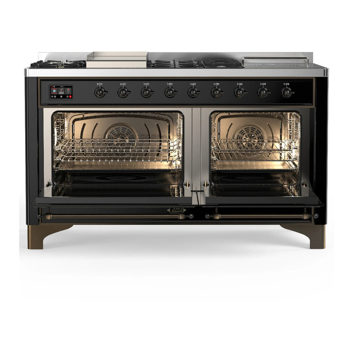 ILVE Majestic III 60-inch Dual Fuel Range with 7 Natural Gas Burner, Griddle, French Top and Triple Glass Door Electric Oven in Glossy Black with Burnished Trim (UM60FSNR3BKB)