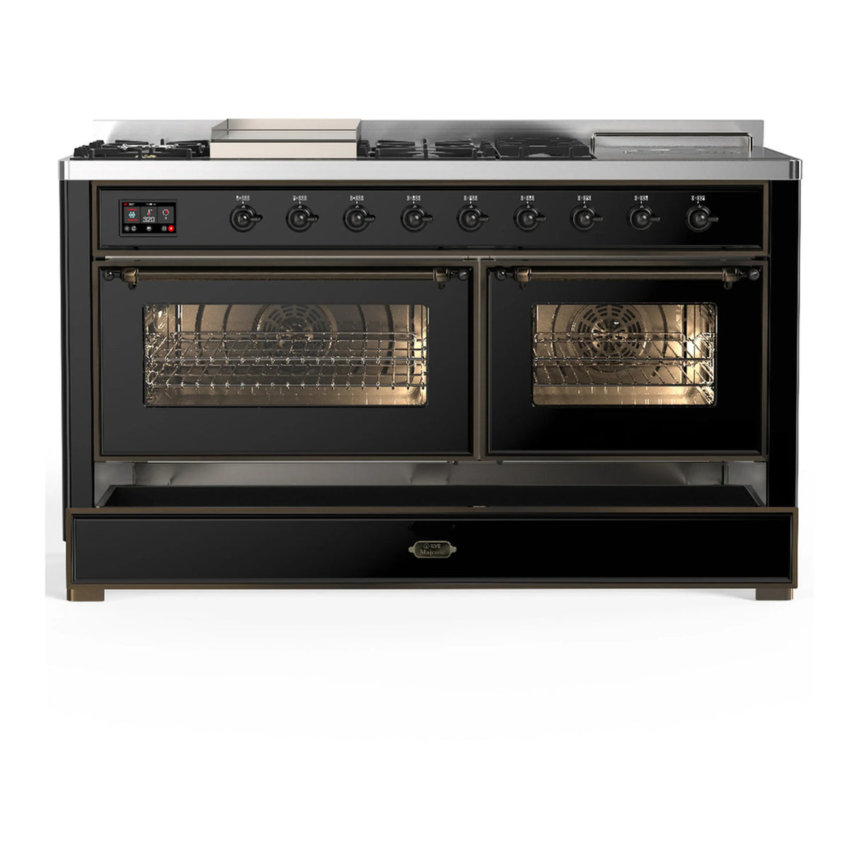 ILVE Majestic III 60-inch Dual Fuel Range with 7 Natural Gas Burner, Griddle, French Top and Triple Glass Door Electric Oven in Glossy Black with Burnished Trim (UM60FSNR3BKB)