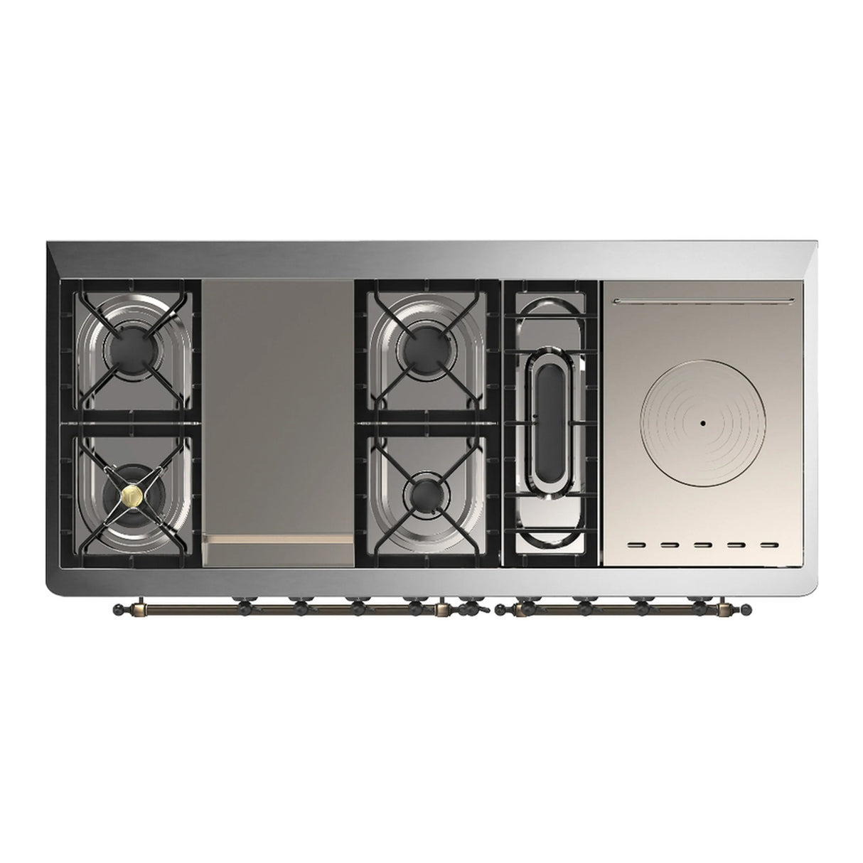 ILVE Majestic III 60-inch Dual Fuel Range with 7 Natural Gas Burner, Griddle, French Top and Triple Glass Door Electric Oven in Glossy Black with Burnished Trim (UM60FSNR3BKB)
