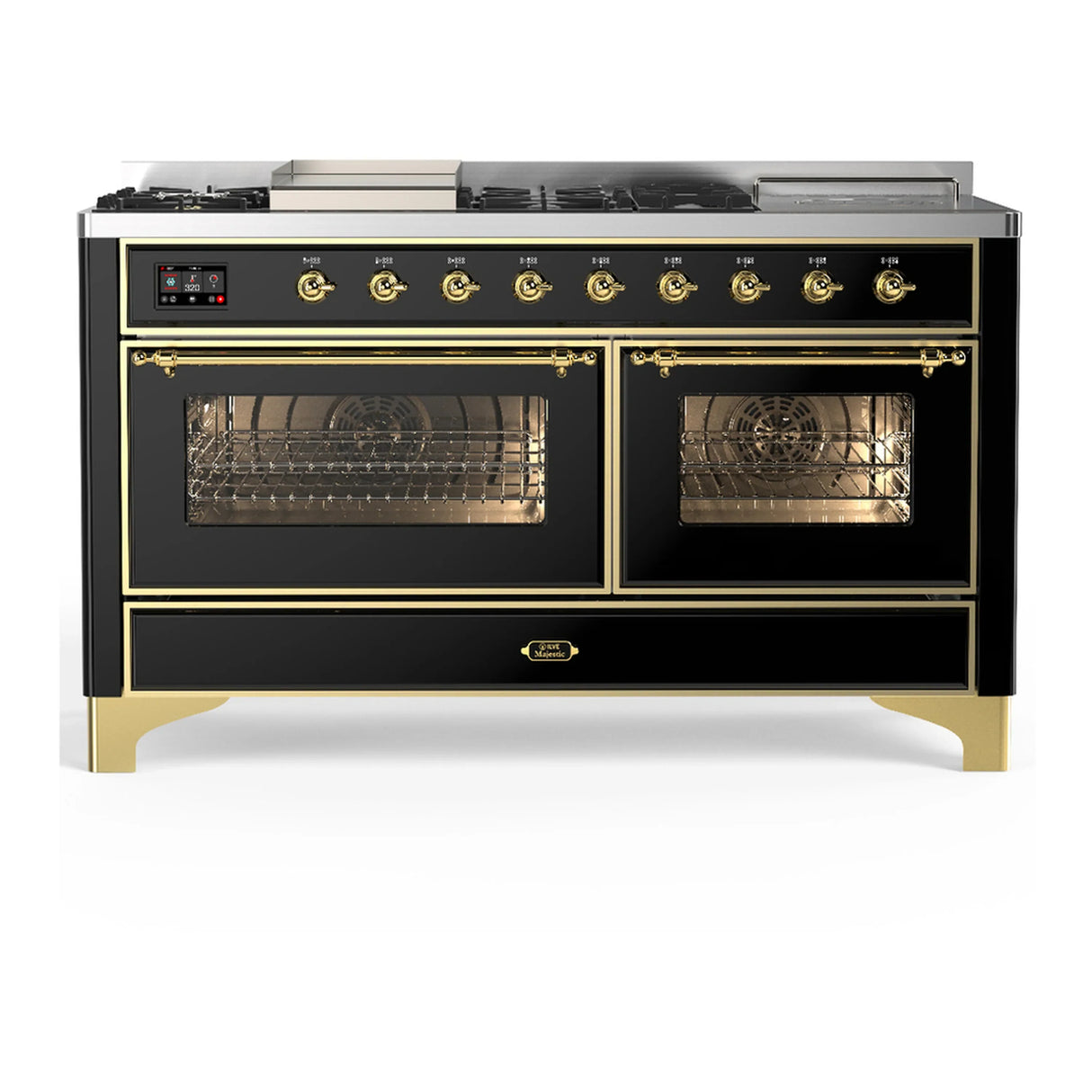 ILVE Majestic III 60-inch Dual Fuel Range with 5 Liquid Propane Burner, Griddle, French Top and Triple Glass Door Electric Oven in Glossy Black with Brass Trim (UM60FSNR3BKGLP)