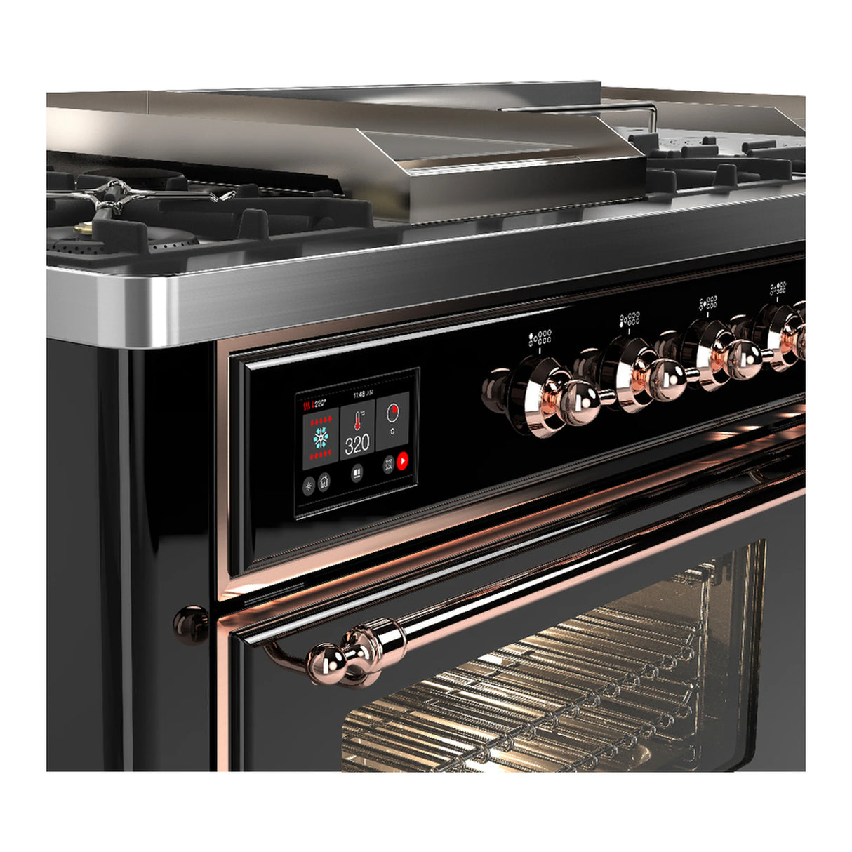 ILVE Majestic III 60-inch Dual Fuel Range with 5 Liquid Propane Burner, Griddle, French Top and Triple Glass Door Electric Oven in Glossy Black with Copper Trim (UM60FSNR3BKPLP)