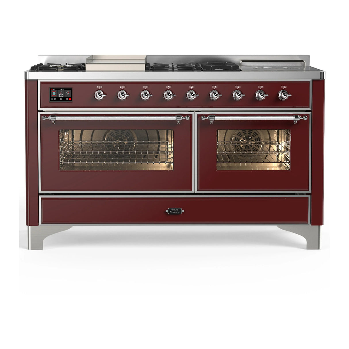 ILVE Majestic III 60-inch Dual Fuel Range with 7 Natural Gas Burner, Griddle, French Top and Triple Glass Door Electric Oven in Burgundy with Chrome Trim (UM60FSNR3BUC)