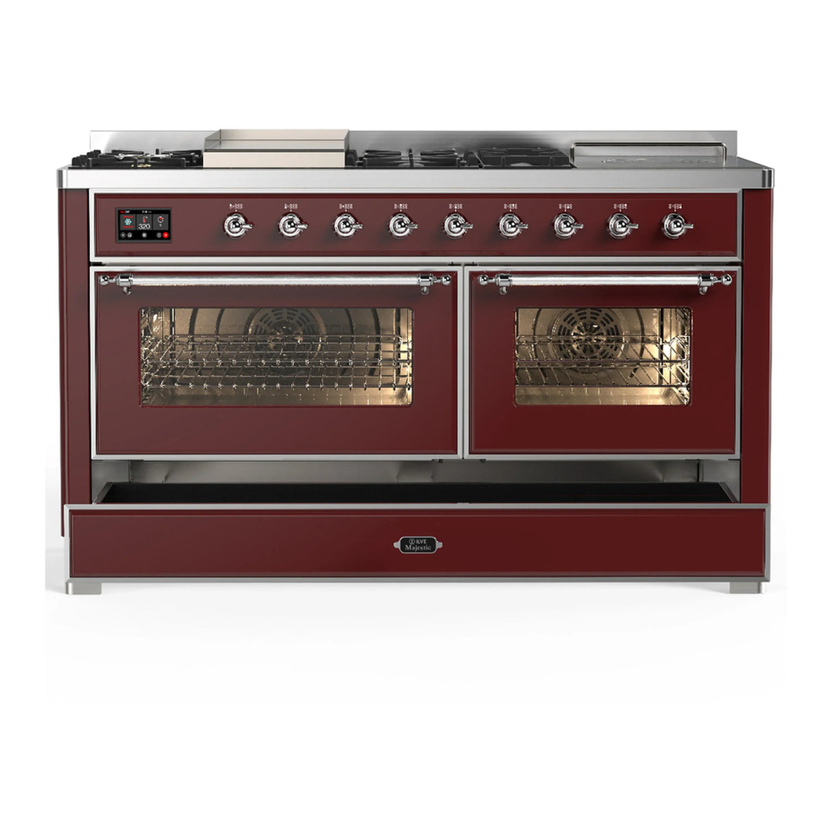 ILVE Majestic III 60-inch Dual Fuel Range with 7 Natural Gas Burner, Griddle, French Top and Triple Glass Door Electric Oven in Burgundy with Chrome Trim (UM60FSNR3BUC)