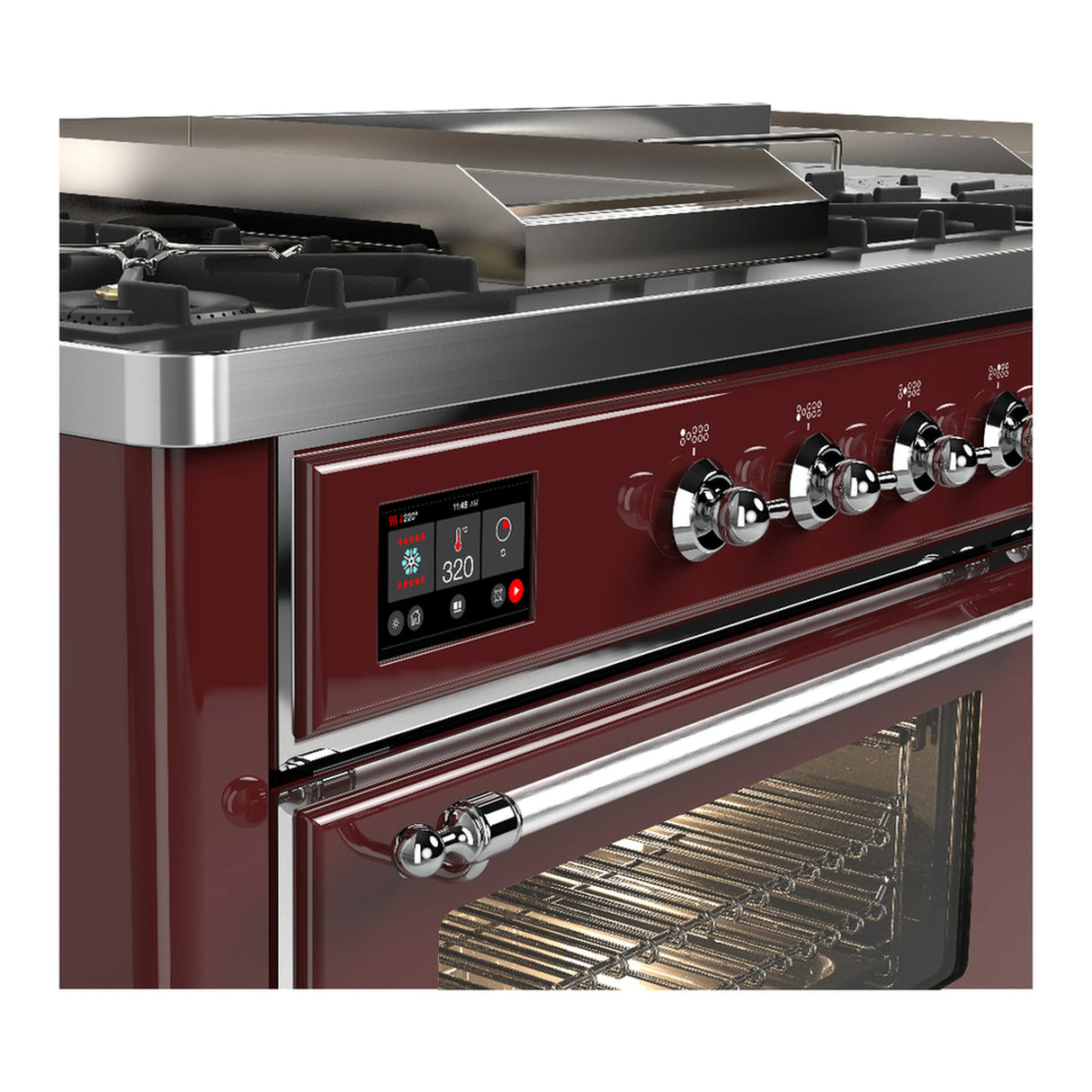 ILVE Majestic III 60-inch Dual Fuel Range with 7 Natural Gas Burner, Griddle, French Top and Triple Glass Door Electric Oven in Burgundy with Chrome Trim (UM60FSNR3BUC)
