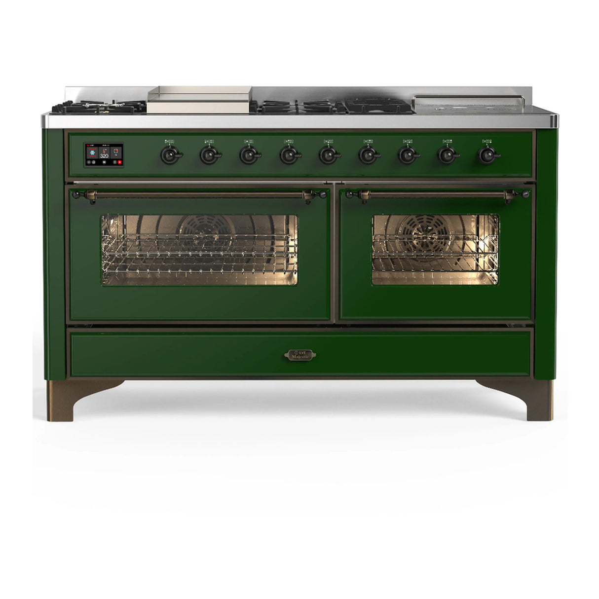 ILVE Majestic III 60-inch Dual Fuel Range with 5 Liquid Propane Burner, Griddle, French Top and Triple Glass Door Electric Oven in Emerald Green with Burnished Trim (UM60FSNR3EGBLP)