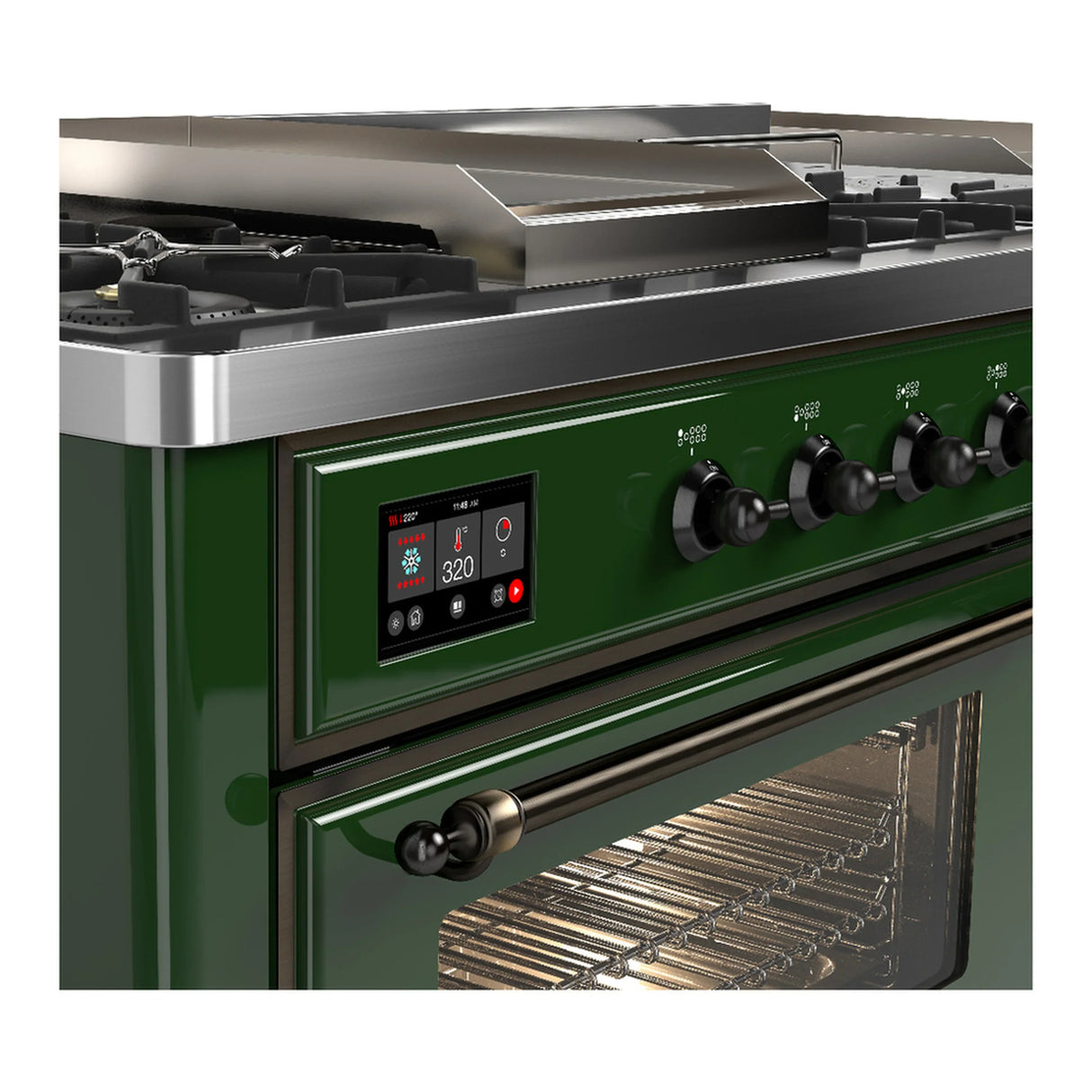 ILVE Majestic III 60-inch Dual Fuel Range with 5 Liquid Propane Burner, Griddle, French Top and Triple Glass Door Electric Oven in Emerald Green with Burnished Trim (UM60FSNR3EGBLP)
