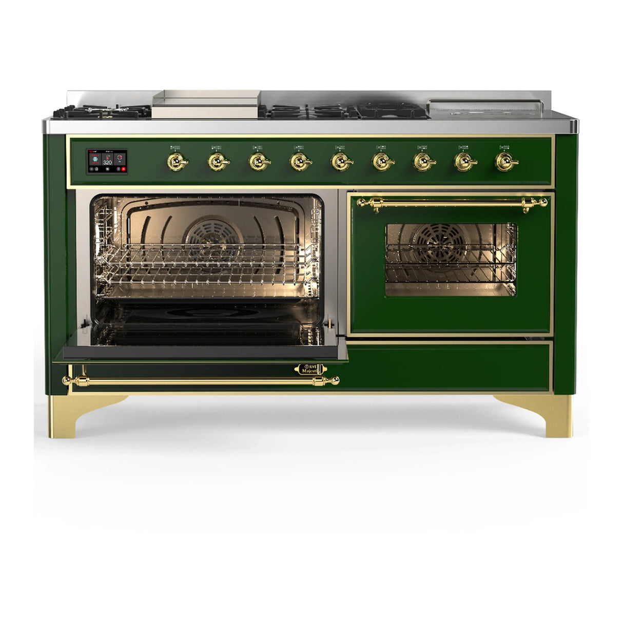 ILVE Majestic III 60-inch Dual Fuel Range with 7 Natural Gas Burner, Griddle, French Top and Triple Glass Door Electric Oven in Emerald Green with Brass Trim (UM60FSNR3EGG)