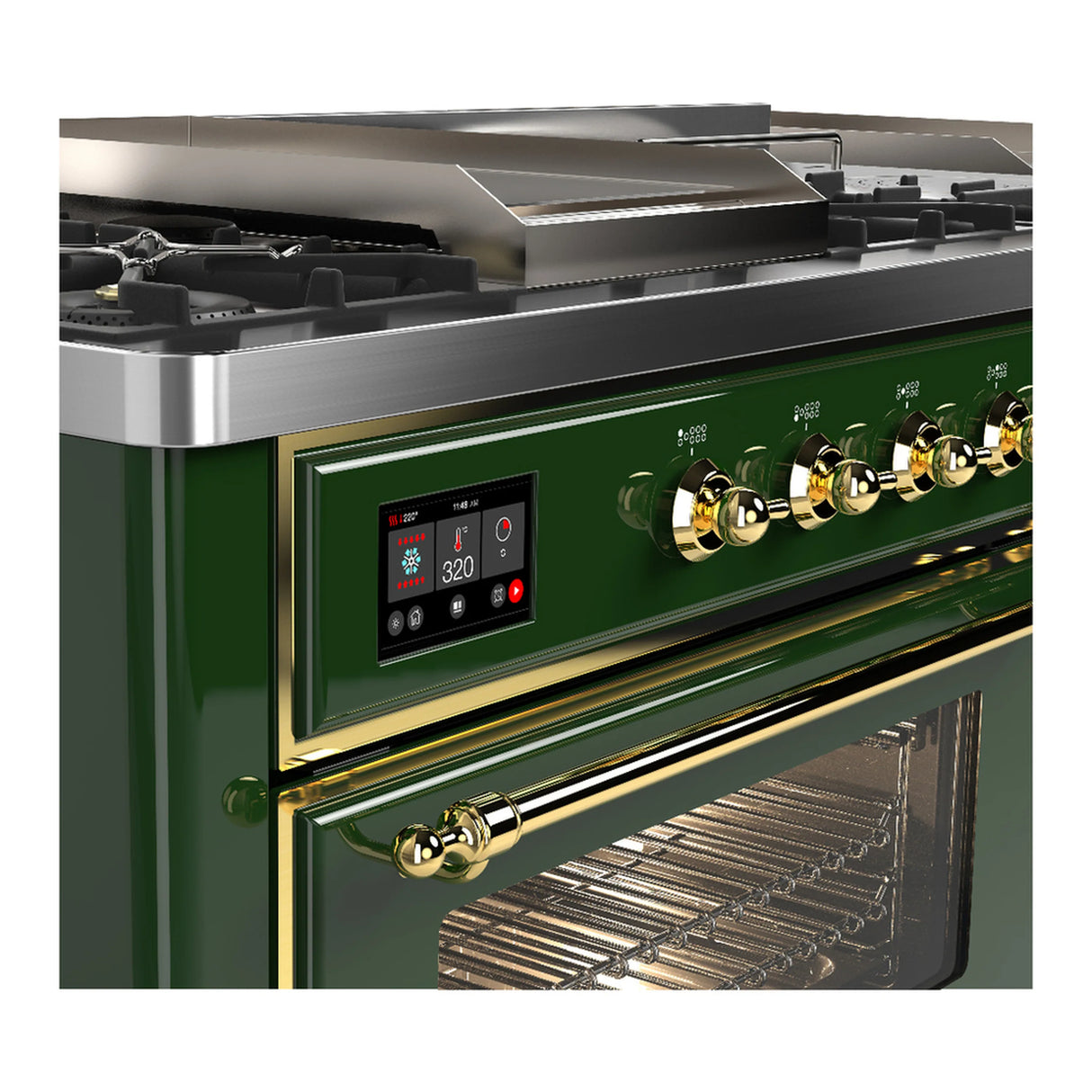 ILVE Majestic III 60-inch Dual Fuel Range with 7 Natural Gas Burner, Griddle, French Top and Triple Glass Door Electric Oven in Emerald Green with Brass Trim (UM60FSNR3EGG)