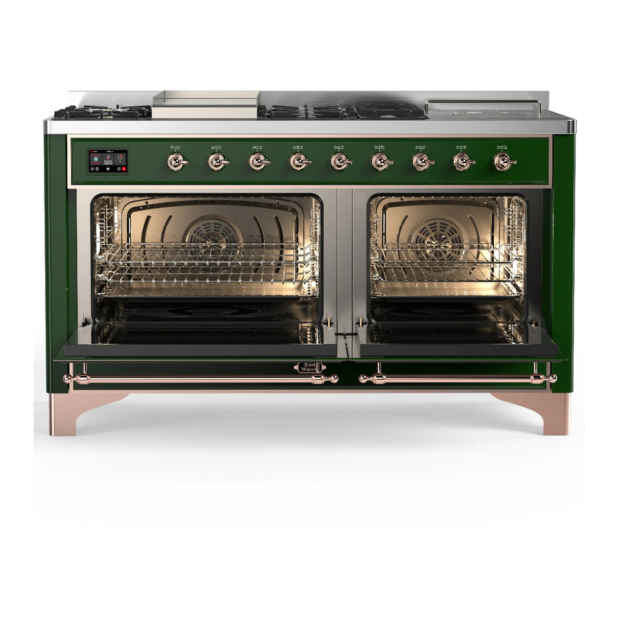 ILVE Majestic III 60-inch Dual Fuel Range with 7 Natural Gas Burner, Griddle, French Top and Triple Glass Door Electric Oven in Emerald Green with Copper Trim (UM60FSNR3EGP)