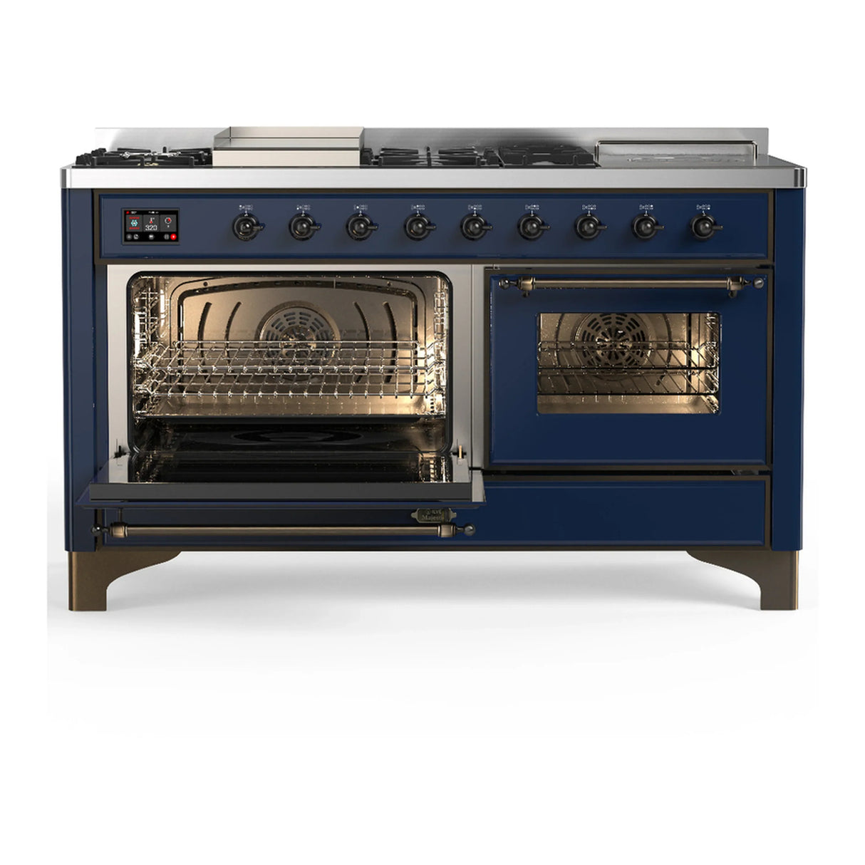 ILVE Majestic III 60-inch Dual Fuel Range with 5 Liquid Propane Burner, Griddle, French Top and Triple Glass Door Electric Oven in Midnight Blue with Burnished Trim (UM60FSNR3MBBLP)