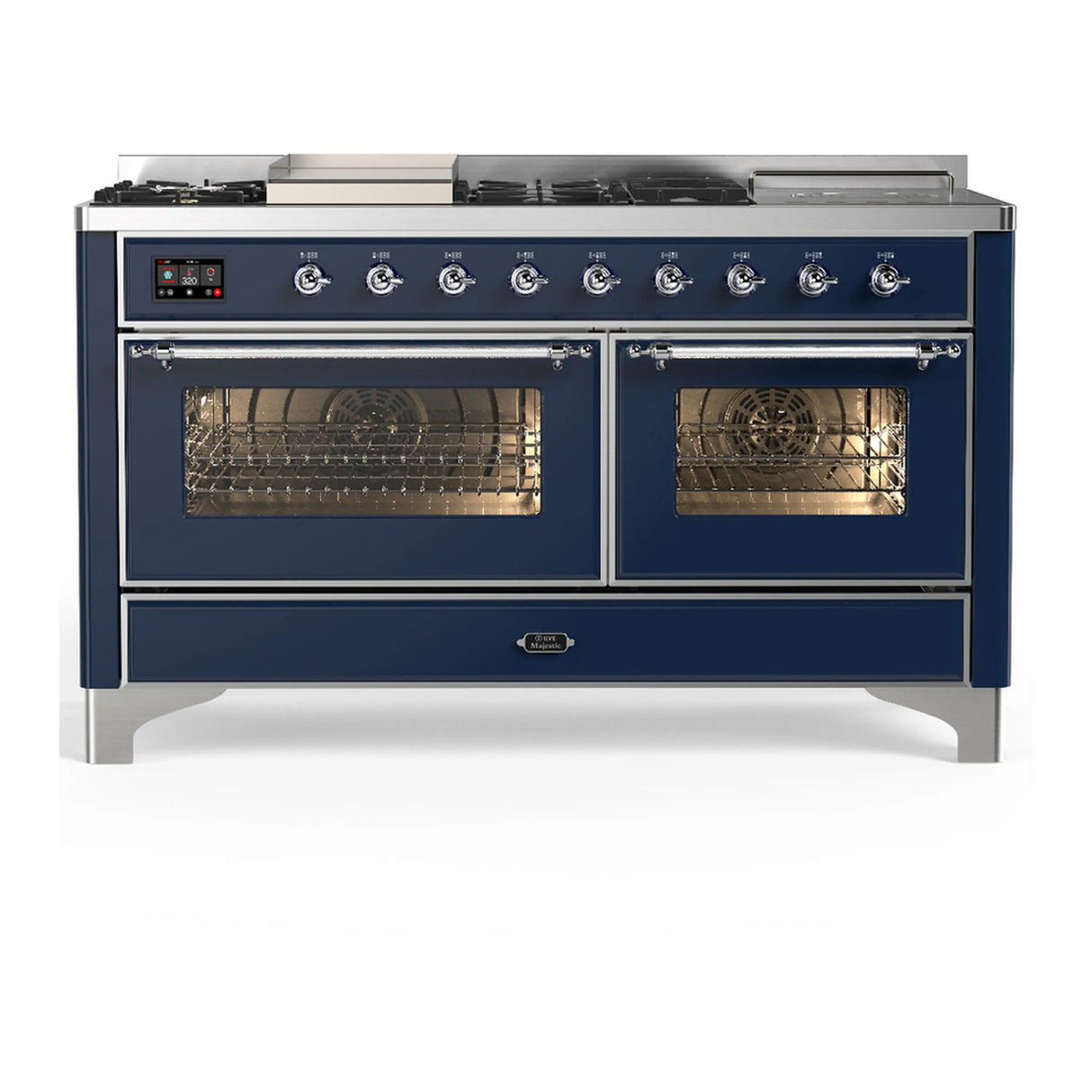 ILVE Majestic III 60-inch Dual Fuel Range with 7 Natural Gas Burner, Griddle, French Top and Triple Glass Door Electric Oven in Midnight Blue with Chrome Trim (UM60FSNR3MBC)