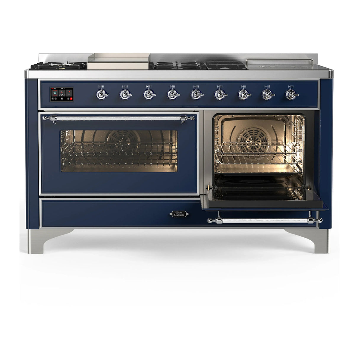 ILVE Majestic III 60-inch Dual Fuel Range with 7 Natural Gas Burner, Griddle, French Top and Triple Glass Door Electric Oven in Midnight Blue with Chrome Trim (UM60FSNR3MBC)