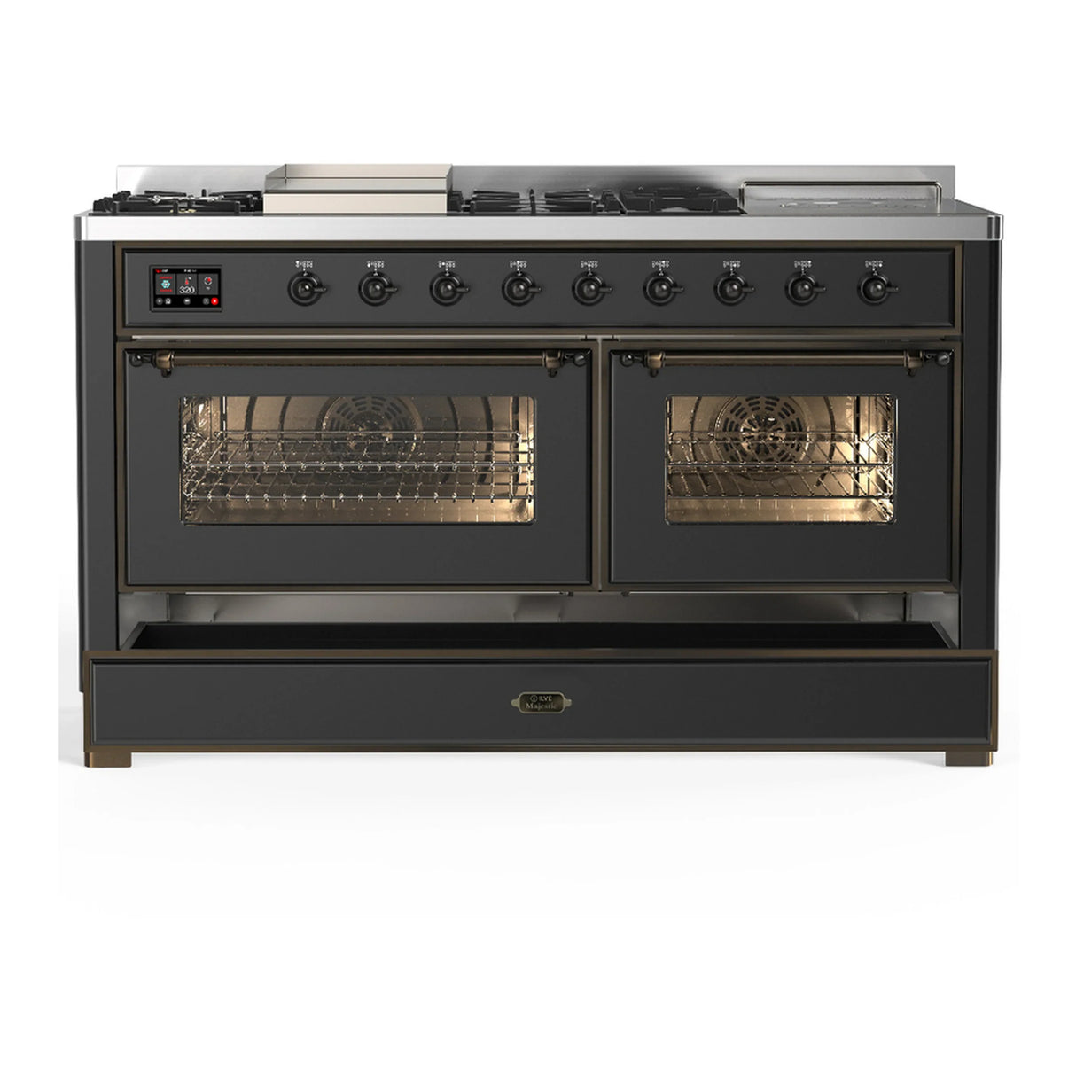 ILVE Majestic III 60-inch Dual Fuel Range with 5 Liquid Propane Burner, Griddle, French Top and Triple Glass Door Electric Oven in Graphite Matte with Burnished Trim (UM60FSNR3MGBLP)