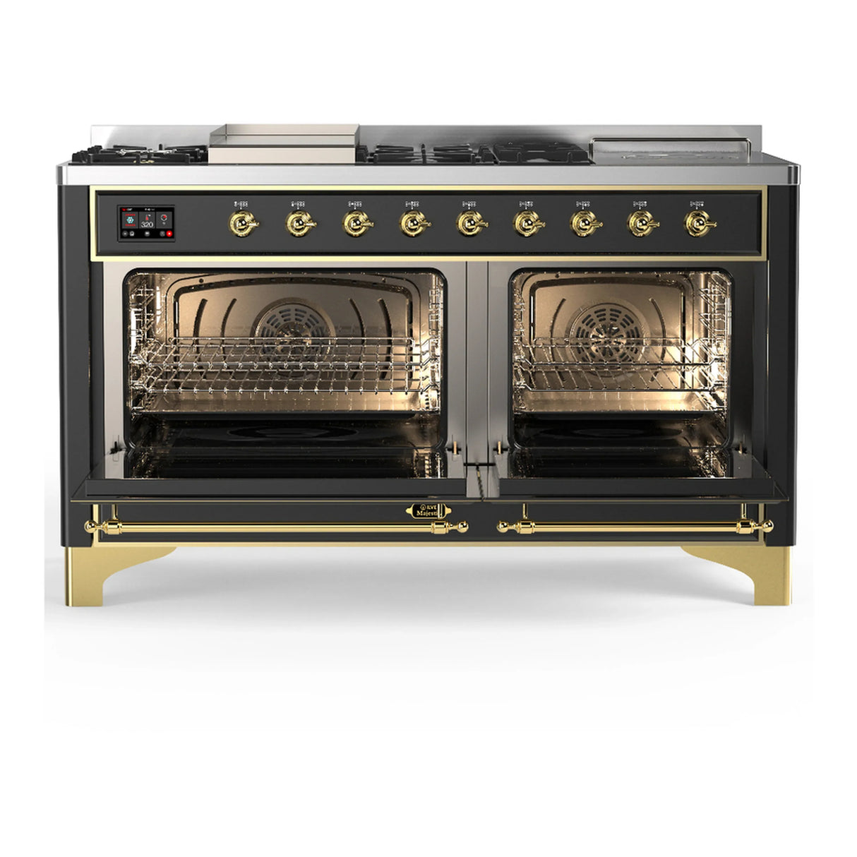 ILVE Majestic III 60-inch Dual Fuel Range with 5 Liquid Propane Burner, Griddle, French Top and Triple Glass Door Electric Oven in Graphite Matte with Brass Trim (UM60FSNR3MGGLP)