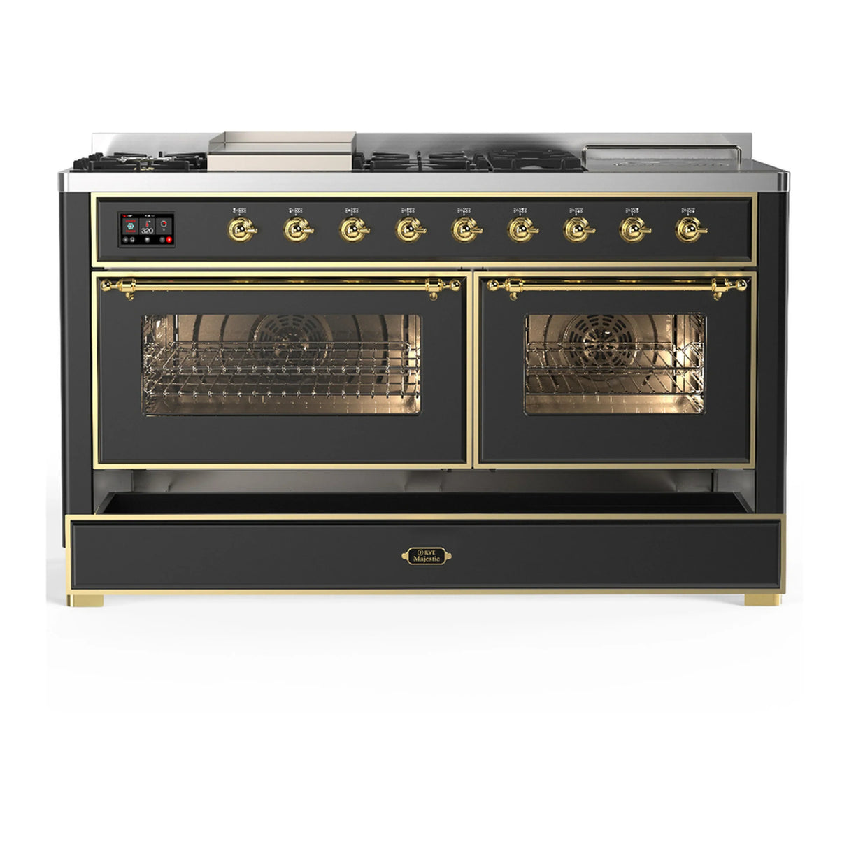 ILVE Majestic III 60-inch Dual Fuel Range with 5 Liquid Propane Burner, Griddle, French Top and Triple Glass Door Electric Oven in Graphite Matte with Brass Trim (UM60FSNR3MGGLP)