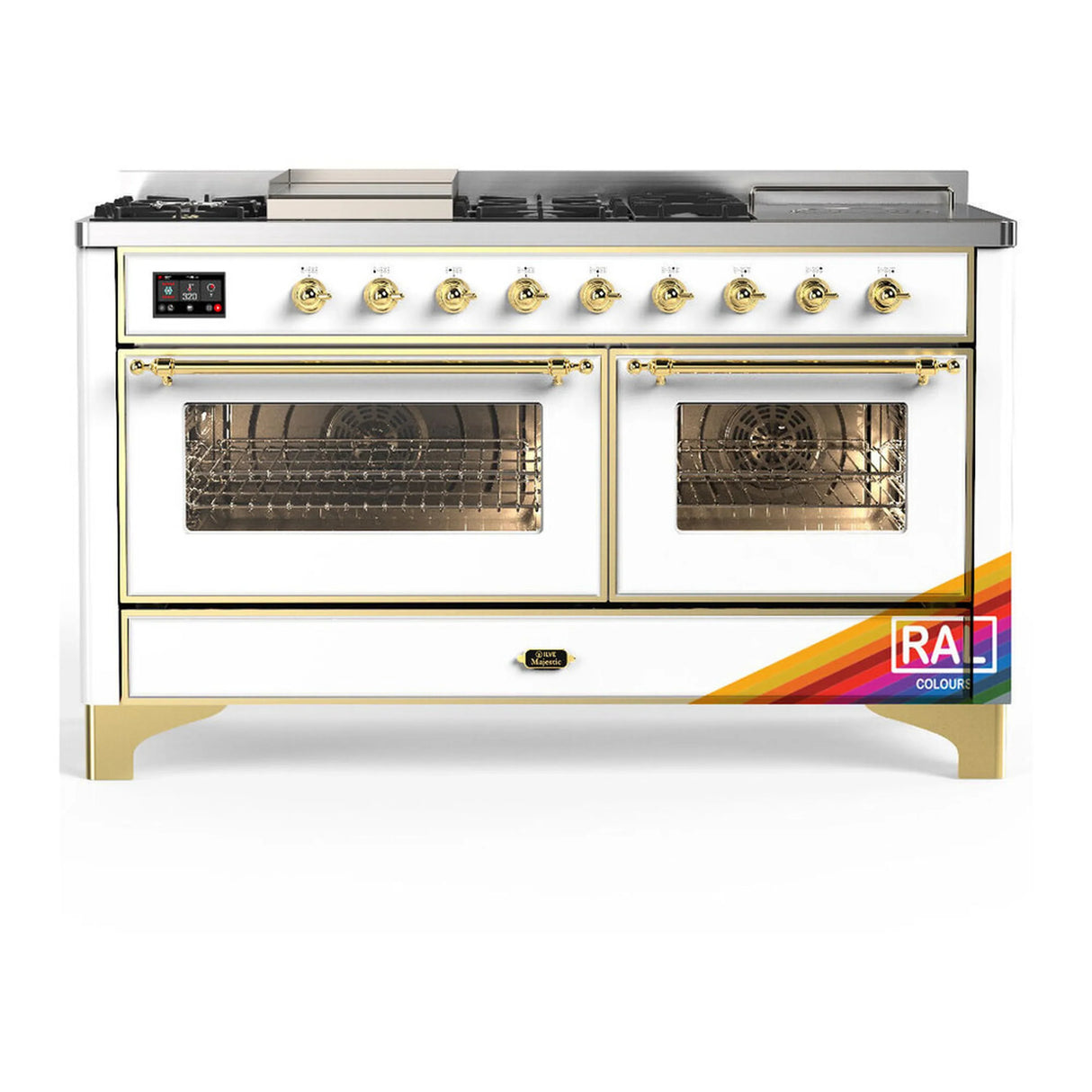 ILVE Majestic III 60-inch Dual Fuel Range with 7 Natural Gas Burner, Griddle, French Top and Triple Glass Door Electric Oven in RAL with Brass Trim (UM60FSNR3RAG)