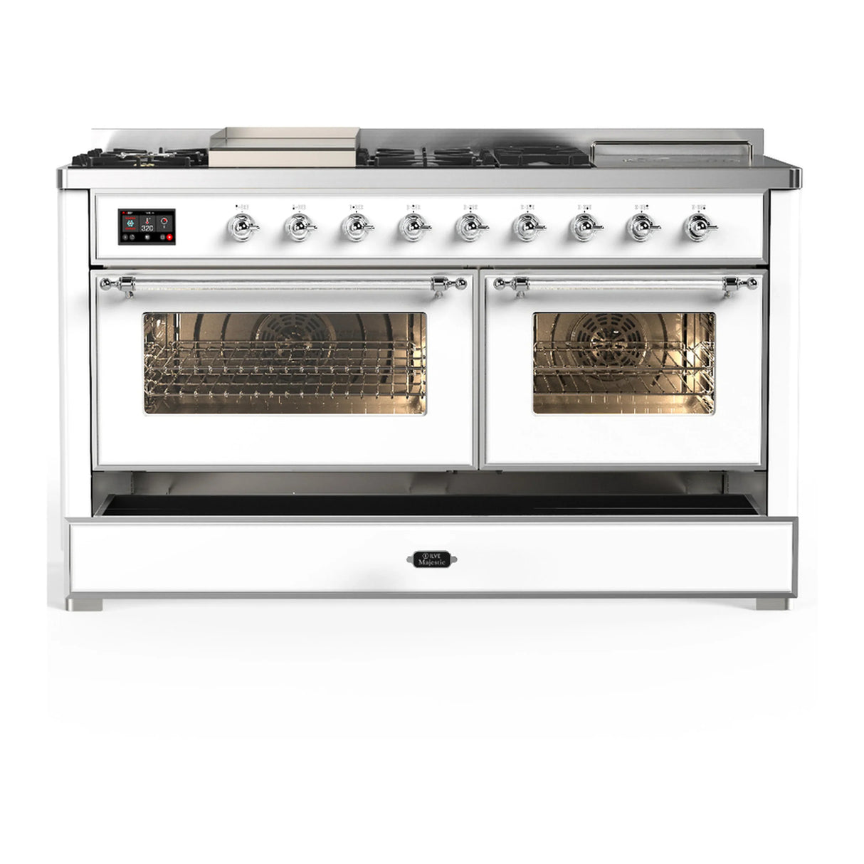 ILVE Majestic III 60-inch Dual Fuel Range with 7 Natural Gas Burner, Griddle, French Top and Triple Glass Door Electric Oven in White with Chrome Trim (UM60FSNR3WHC)