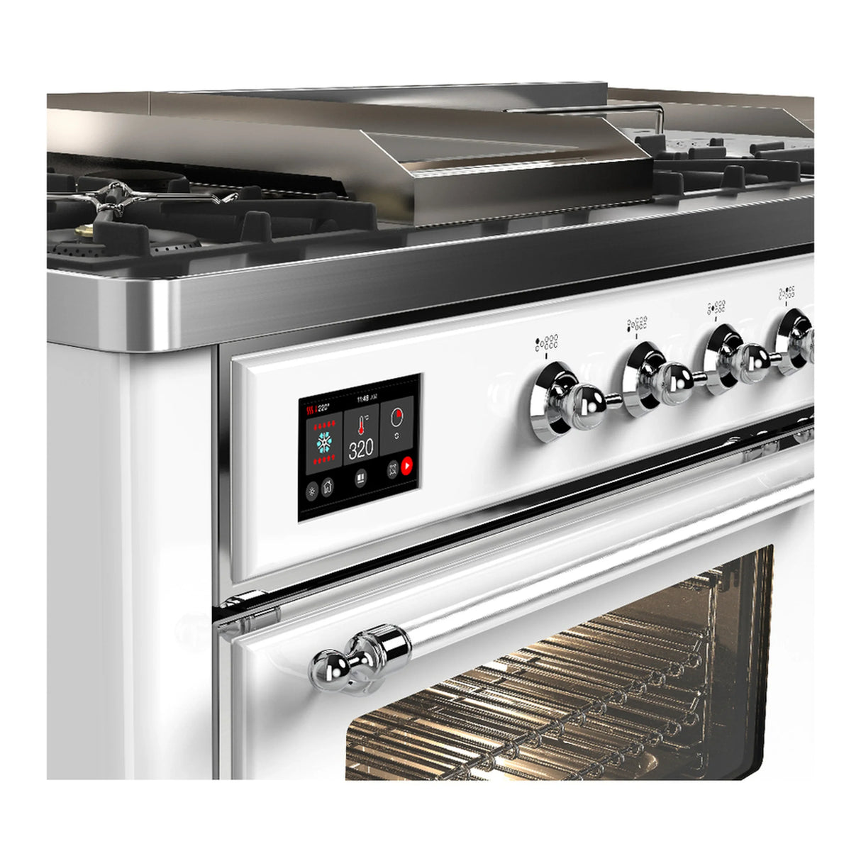 ILVE Majestic III 60-inch Dual Fuel Range with 7 Natural Gas Burner, Griddle, French Top and Triple Glass Door Electric Oven in White with Chrome Trim (UM60FSNR3WHC)
